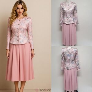 Vintage Nah Nah Pink Satin Floral Brocade Jacket Crepe Midi Skirt Two-Piece Set